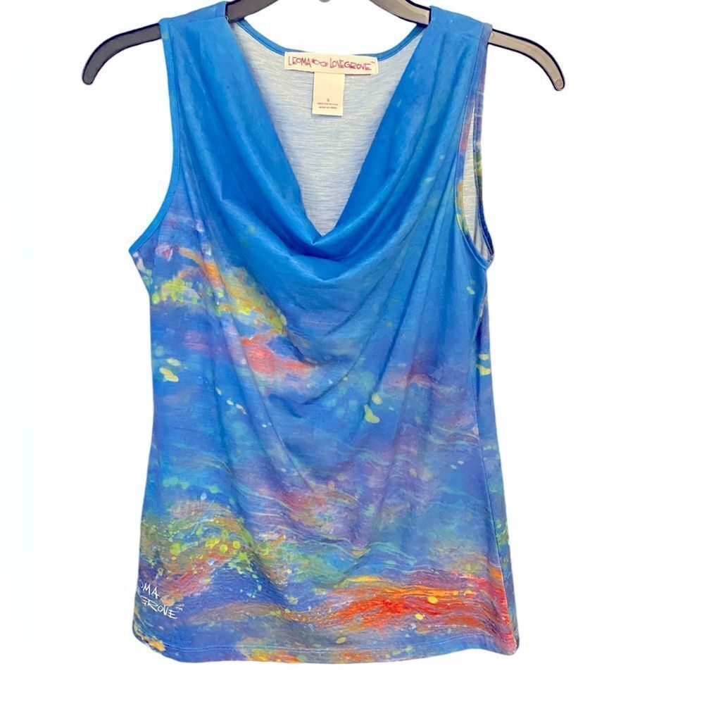 Leoma Lovegrove Sz S Blue Artistic Ocean Beach Colors Sleeveless Draped Neck Top